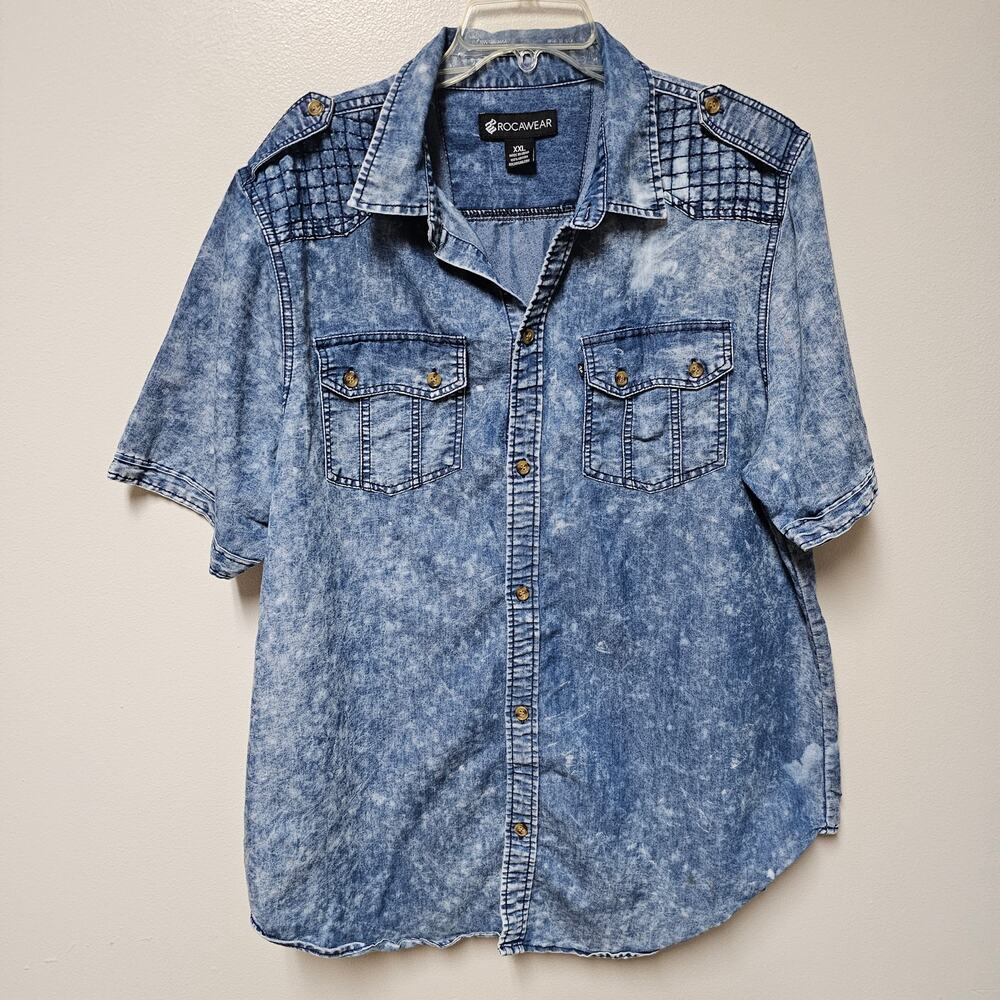 Rocawear Denim Bleach Out Short Sleeve Cotton Lightweight Shirt Size XXL